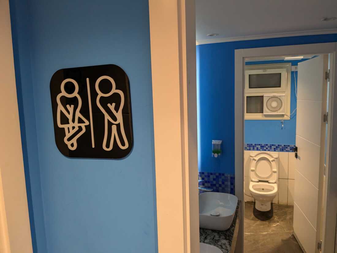 This photo was taken in a café in my neighborhood (Obour city, which is part of greater Cairo, Egypt). I saw the signs of the bathroom as I was entering and I kept thinking about how we may look different but at the end of the day, we all have the same needs and reactions regardless. My photo celebrates that all-too-relatable struggle on International Toilet Day.