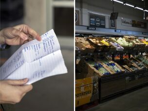 Left: Negro-Henderson pulls out her shopping list. Right: Produce is for sale in boxes at Aldi.