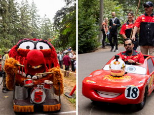 A soapbox modeled after the Muppets' Animal; a Lightning McQueen-themed soapbox car at the Portland Adult Soapbox Derby at Mt. Tabor Park on August 15, 2026 in Portland, Ore.
