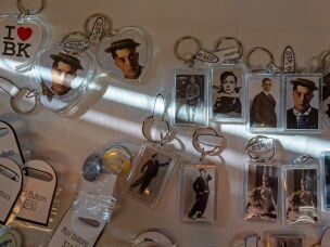 Buster Keaton keyrings and other souvenirs on display at the conference.