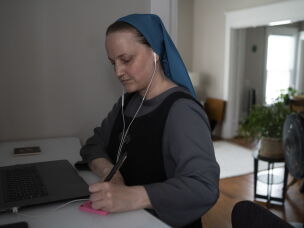 Sister Theresa Aletheia takes a video call with her attorney in April. Last year she and Sister Danielle Lussier were granted permission to set up their mission just outside Lexington, Ky.