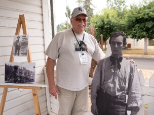 Lloyd Williams is the lead organizer for the centennial celebration and former president of the Cottage Grove Historical Society. He stands outside the Cottage Grove Museum, which has Keaton memorabilia on display.