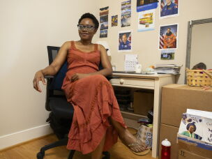 Funmilayo Erinfolami, a space physicist who is earning her Ph.D., is pictured in her room at Anne Montgomery House in Washington, D.C., on July 31, 2026.
