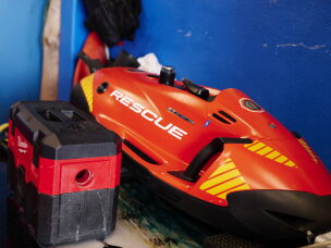 A Seabob rescue vehicle inside the garage of the Seaside Heights Volunteer Fire Department Ocean Rescue office in Seaside Heights, N.J. This vehicle propels rescue swimmers during water rescues. The department is looking into aerial drones equipped with flotation devices and unmanned water drones like the ones the Ocean County Sheriff's Office uses to aid in water rescue.