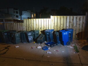 Open trash and recycling bins sit in an alley in Park View attracting rats.