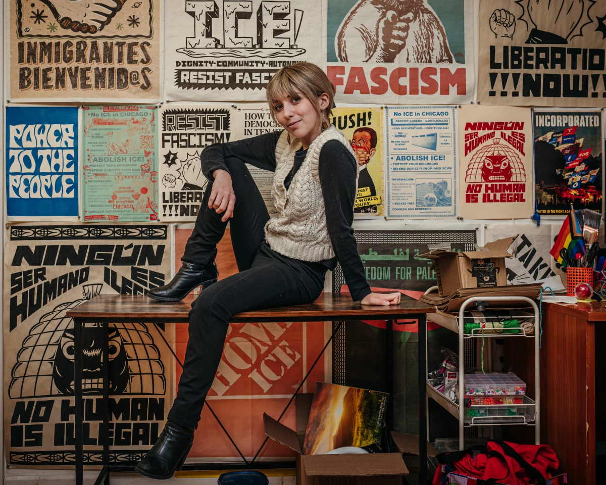 Kat Abughazaleh sits for a portrait inside her campaign office ahead of the March 17 primary. Her campaign has drawn attention for her social media presence and positions on issues including the war in Gaza and the influence of special interest groups.