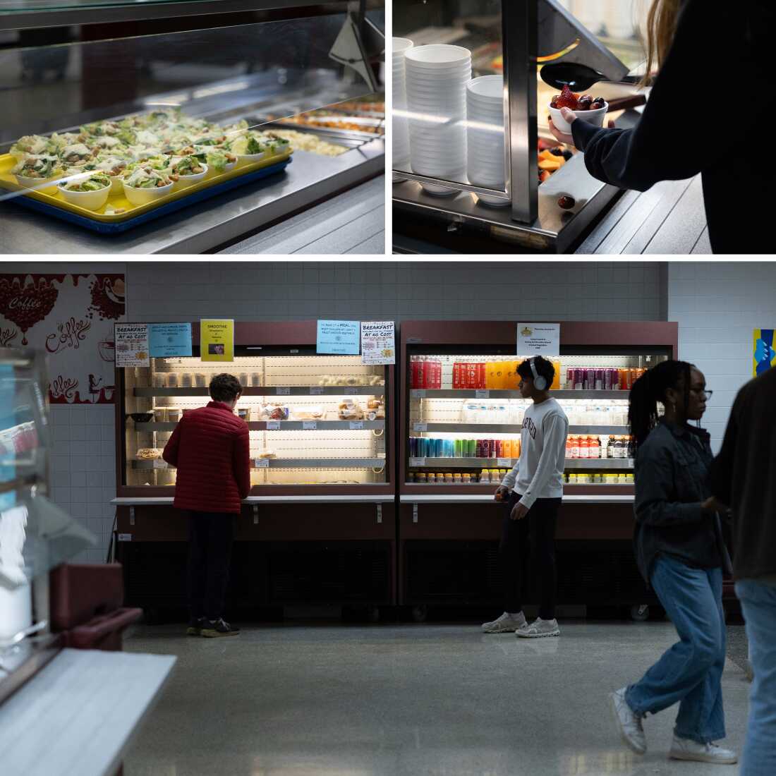 Three photos: small Caesar salads on a tray, a student scooping fruit salad into a small bowl and students in front of refrigerated cases that have prepared foods and drinks.