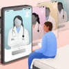 In this illustration, a man sits on the side of a bed and looks at five large smartphone screens that are oriented vertically. Each screen shows a doctor wearing a white doctor's coat.