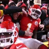 Xavier Worthy #1 of the Kansas City Chiefs jumps into the stands after scoring a touchdown during the second quarter against the Buffalo Bills in the AFC Championship Game at GEHA Field at Arrowhead Stadium on Jan. 26 in Kansas City, Missouri.