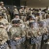 California National Guard members stand in formation during the protest in Los Angeles, California on June 14, 2025.