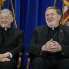 From right, U.S. Cardinals, Joseph Tobin of Newark, and Blase Cupich of Chicago, attend a press conference at the North American College in Rome on May 9, 2025. Along with Cardinal Robert McElroy, archbishop of Washington (not pictured), the men issued a strongly worded statement on Monday criticizing the Trump administration’s foreign policy.