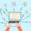A pair of hands typing on a laptop keyboard, surrounded by the floating text 'AI.' The background is light blue, and the concept revolves around artificial intelligence and modern technology. This flat illustration could represent the use of AI in digital work, automation, or innovation. Ample copy space is available for text or branding.