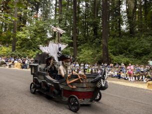Regulation helmets are required at the derby, but many riders embellish them, as on this pirate ship photographed on August 15, 2026 in Portland, Ore.