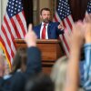 Secretary of Homeland Security Markwayne Mullin answers questions from reporters on July 17 after remarks about his agency alleging that more than 250,000 non-U.S. citizens are on the voter rolls in just four states. Those states dispute that tally.