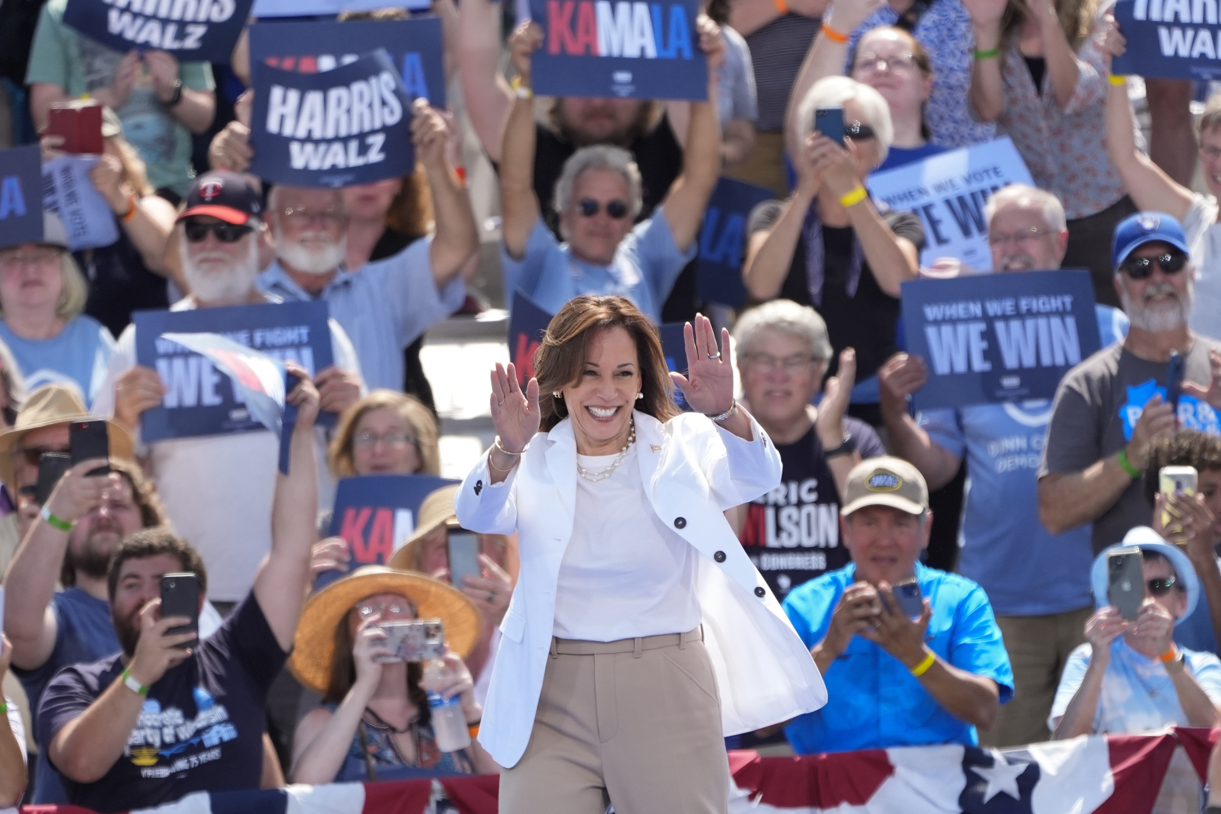 Democratic presidential nominee Vice President Kamala Harris arrives to deliver remarks at a campaign event, Wednesday, Aug. 7, 2024, in Eau Claire, Wisc. (AP)