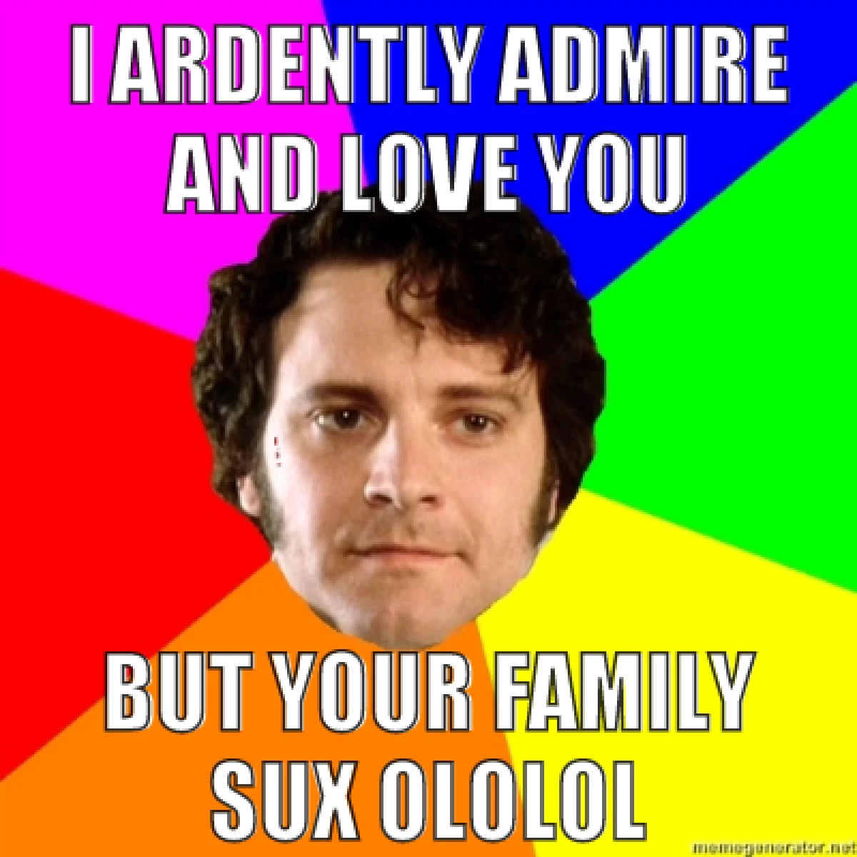 Colin Firth, properly memed from the 1995 BBC miniseries. His Darcy is a big favorite with the JASNA crowd.