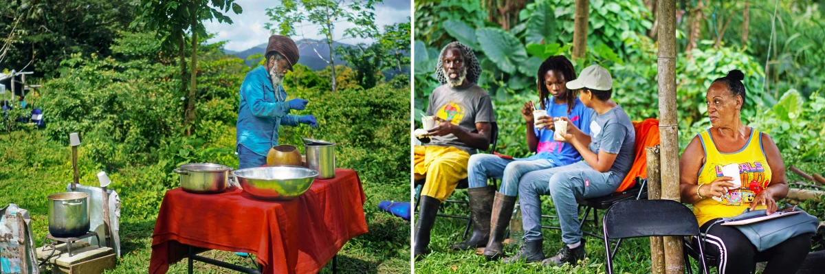 Left: Chef Tony Allen prepares the soup ital sip at his brother's family farm, the Twisting Creek Ital Farm, in Jamaica. Right: Farmers from the St. Thomas Parish share his soup.