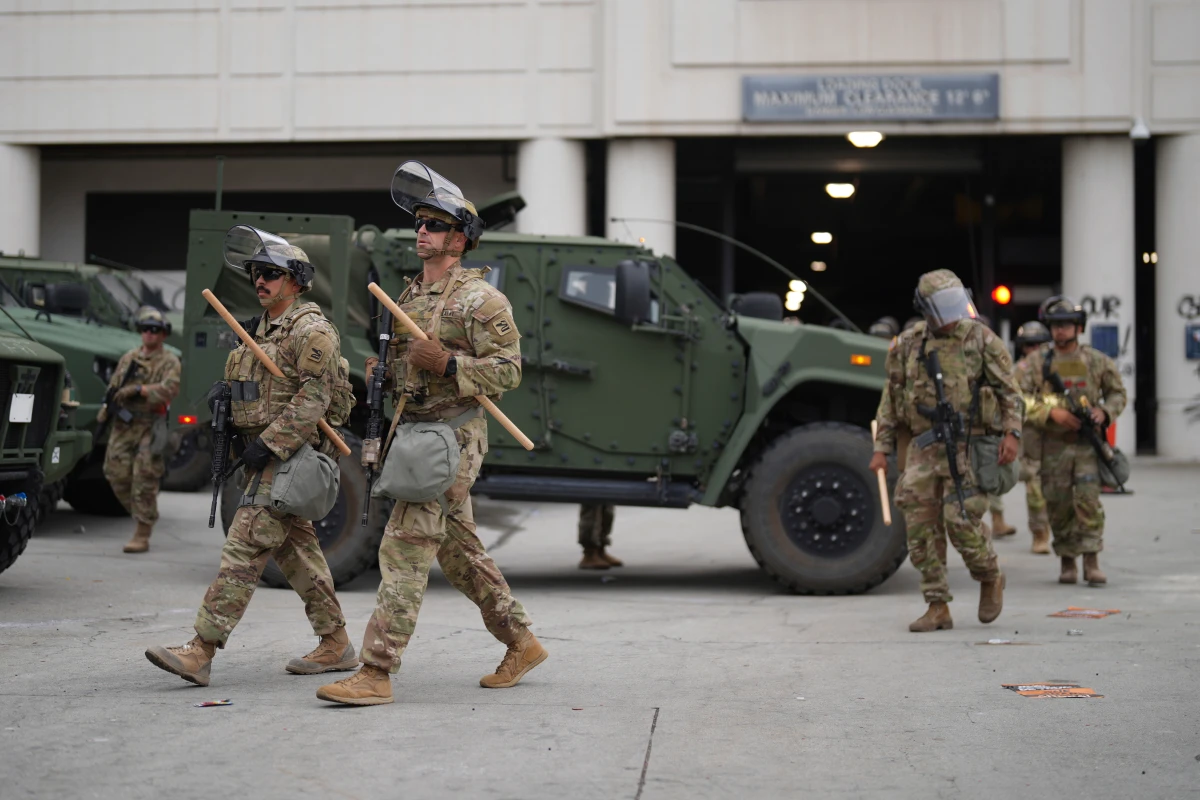 U.S. National Guard are deployed around downtown Los Angeles, Sunday, June 8, following an immigration raid protest the night before.