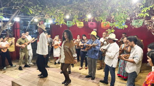 Jarana players join a mass jam session at a Veracruz fandango while the dancers pound out rhythms with their heels on the wooden tarima.