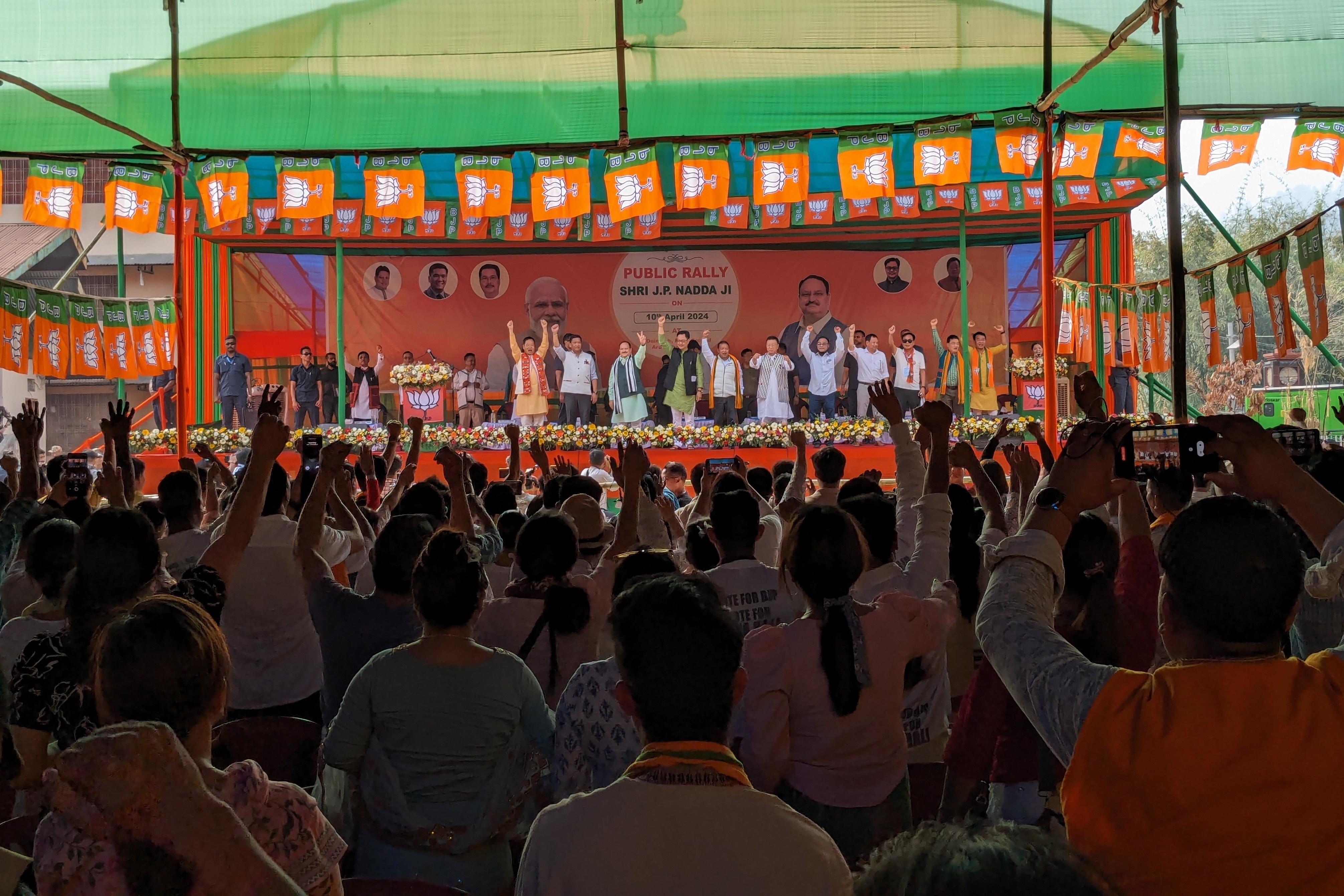 Senior leaders of the ruling BJP party hold an election campaign rally at a playground outside Itanagar, the capital of Arunachal Pradesh, in the second week of April. Voting took place in the remote northeastern Indian state on April 19.