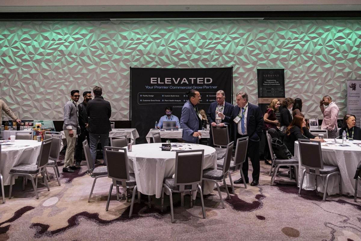 Attendees of the Cannabis Capital & Policy Summit chat with each other in Washington, D.C., on Nov. 17. The summit came a week after Congress passed a provision banning products that contain hemp-based THC.