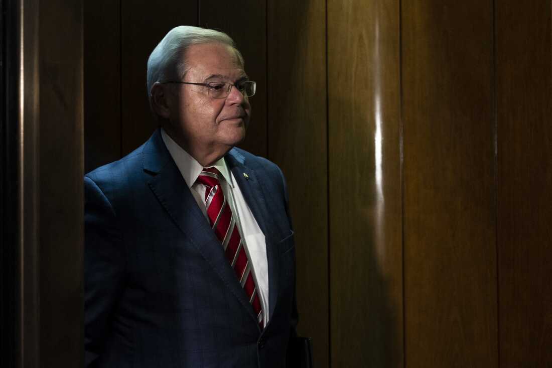 Sen. Bob Menendez, D-N.J. stands in an elevator after leaving his office in Washington, DC., on Sept. 28, 2023.