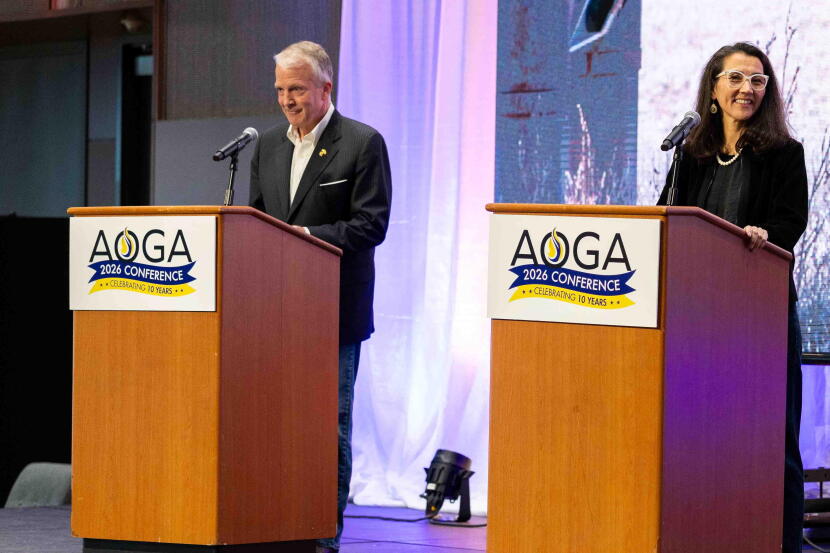 Sen. Dan Sullivan and former Congresswoman Mary Peltola vied for industry support Aug. 27, 2026 at the Alaska Oil and Gas Association conference in Anchorage.