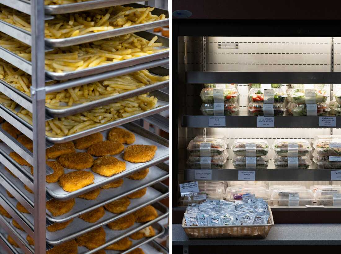 The photo on the left shows a metal rack with trays of french fries and chicken patties cooling off. The photo on the right shows a refrigerated case that has shelves of prepared salads and sandwiches in clear plastic clamshell containers.