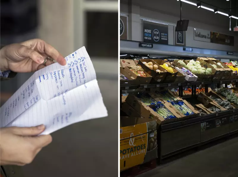 The photo on the left shows Rachel Negro-Henderson's hands holding her handwritten shopping list. The photo on the right shows fruits and vegetables in cardboard boxes on shelves at Aldi.