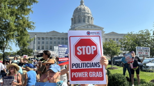 People opposed to a congressional redistricting plan rally outside the Missouri Capitol in Jefferson City, Mo., earlier this month.
