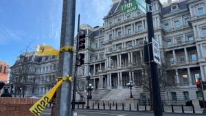 Police tape at the scene where Secret Service officers say shot a man near the White House. Washington D.C., 17th and F St NW, Mar. 9 2025.