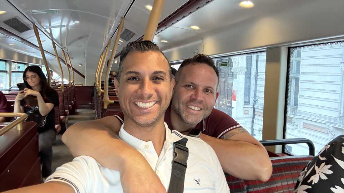 Victor Ortiz, Jr. smiles for a selfie while riding on a double-decker bus in London, England.