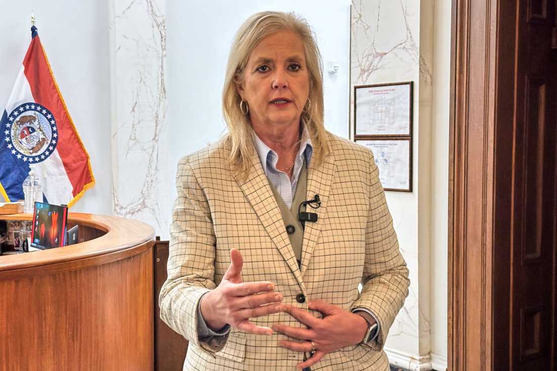 Missouri Attorney General Catherine Hanaway speaks to reporters in November 2025 at her office in Jefferson City, Mo. The Republican is leading a lawsuit calling for the unprecedented exclusion of U.S. residents without legal status and those with nonimmigrant visas from the national census.