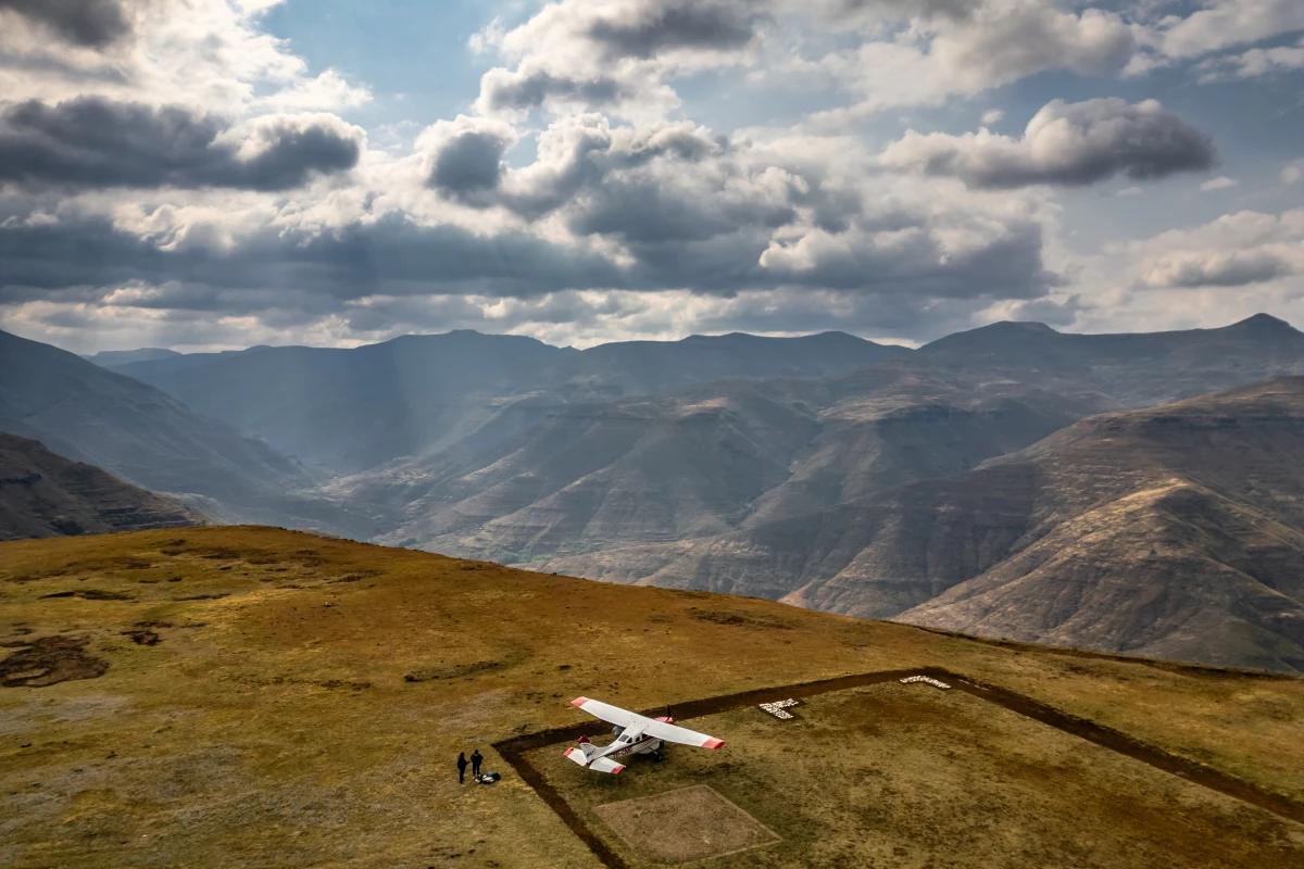 A Cessna 206 plane operated by the Mission Aviation Fellowship prepares to take off after delivering members of the Lesotho Flying Doctor Service to the Kuebunyane clinic in the highlands of Lesotho. Across the remote highlands of Lesotho, some 300,000 people rely on the service for basic medical care.