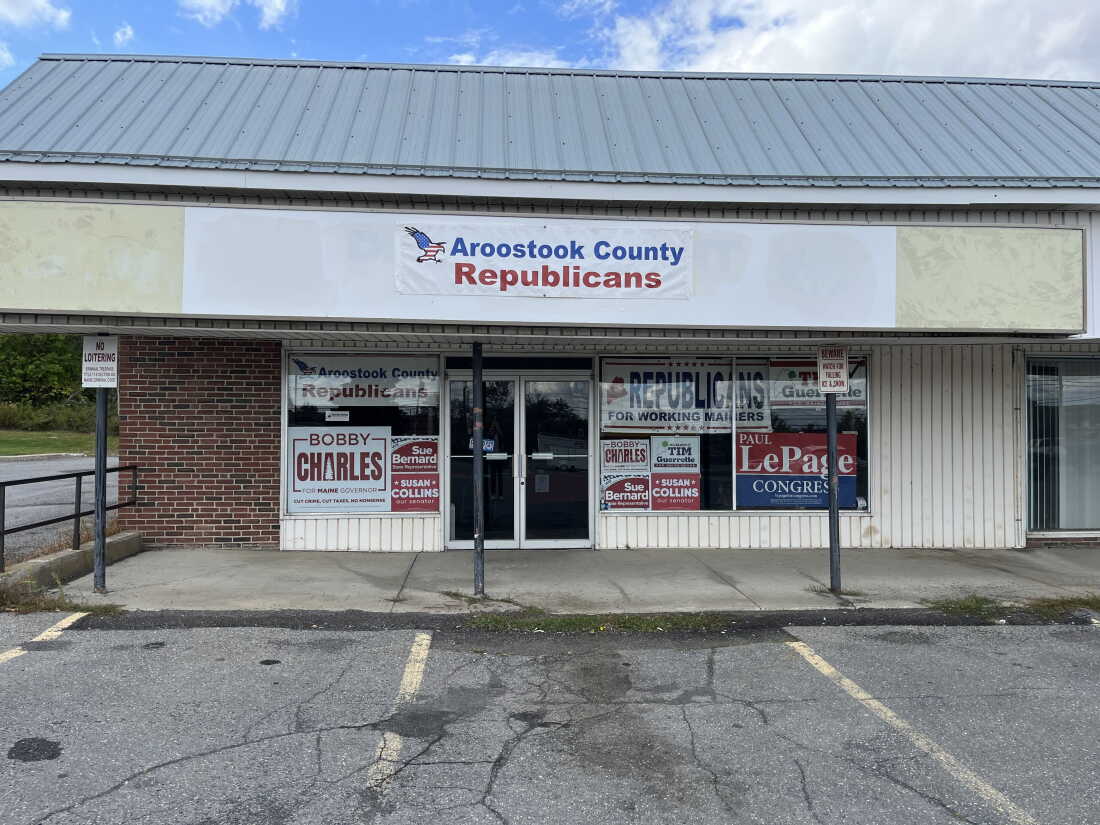 Campaign signs fill the windows of the Aroostook County Republican campaign headquarters in Caribou, Maine.