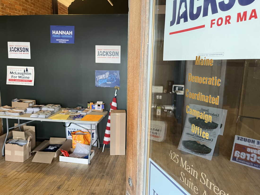 Campaign flyers and signs lay stored at the Maine Democratic Coordinated Campaign Office in Presque Isle, Maine.