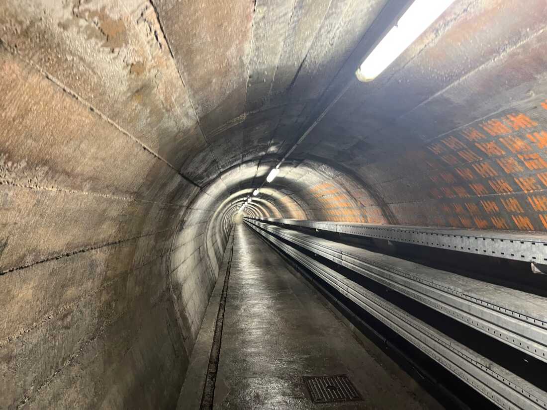 A tunnel leading from the entrance of the Sonnenberg Nuclear Bunker in Lucerne, Switzerland,