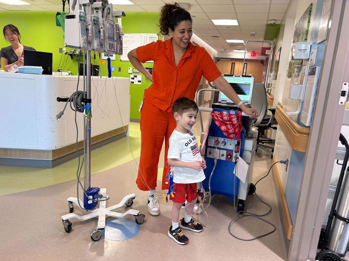 Caleb has nicknames for the machinery attached to him. The large power supply is Taco Bell. The wheeled pole with all his blood-thinning medicines is Broccoli, and his heart pump — or VAD — is Henry.