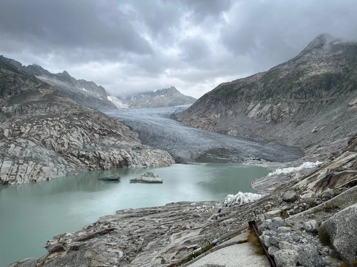 The Rhône Glacier in Switzerland is the source of the Rhône River, which flows through Switzerland and France. Swiss glaciers like this one are melting quickly, reduced by nearly two-thirds of their ice over the past century.