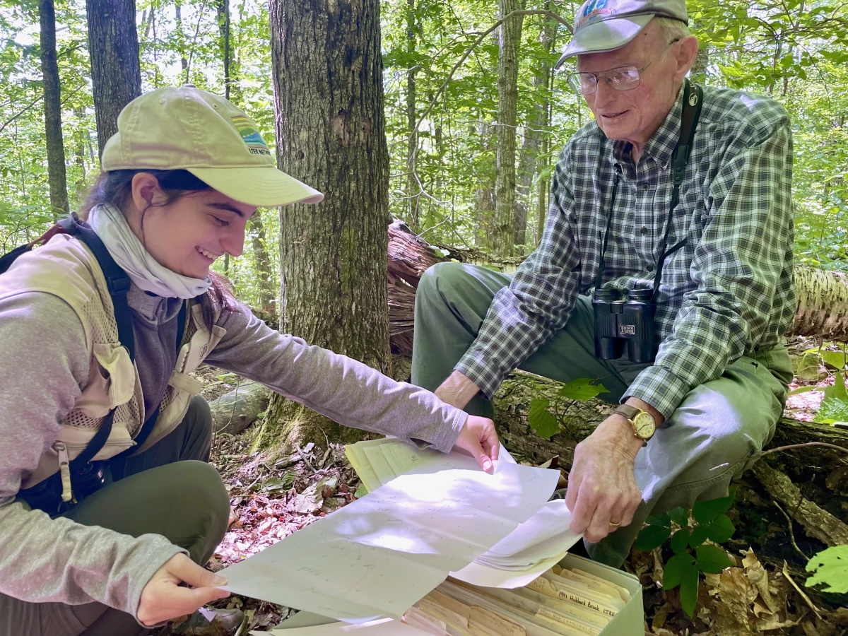 Miranda Zamarelli and Dick Holmes of Dartmouth College review one of the early paper maps used to chart songbird territories in a patch of woods in central New Hampshire.
