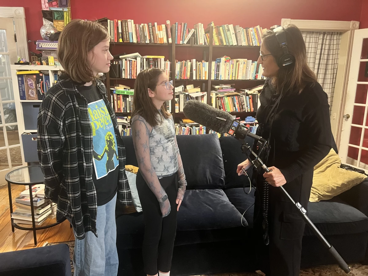 Jules Randell, 15, and little sister Bee, 8, talk with NPR correspondent Tovia Smith at their home in a Boston suburb days after Vice President Harris lost her bid to become the first female U.S. president.