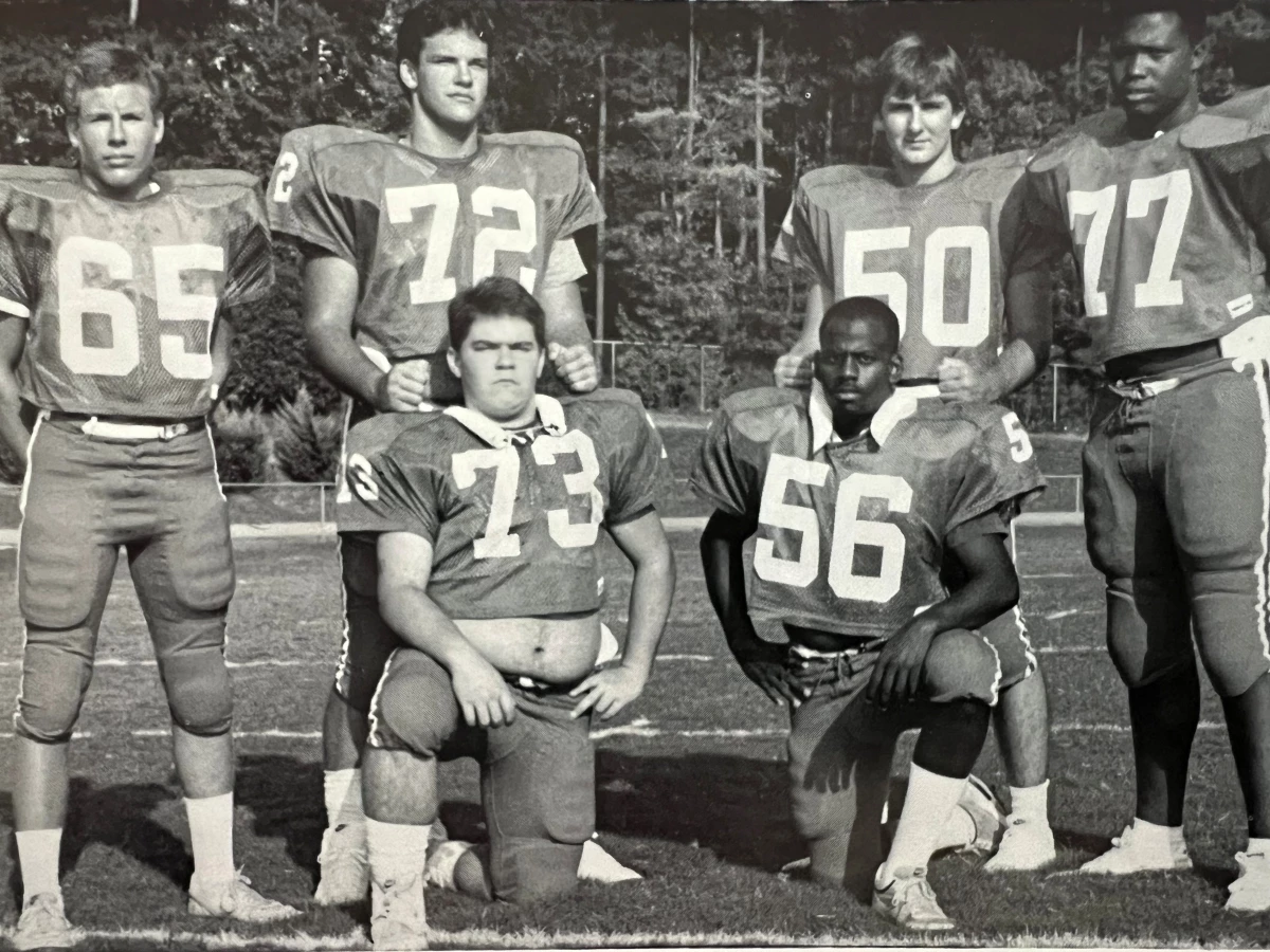 Scott Thornhill playing football at Sanderson High School in Raleigh, NC. He wears #72.