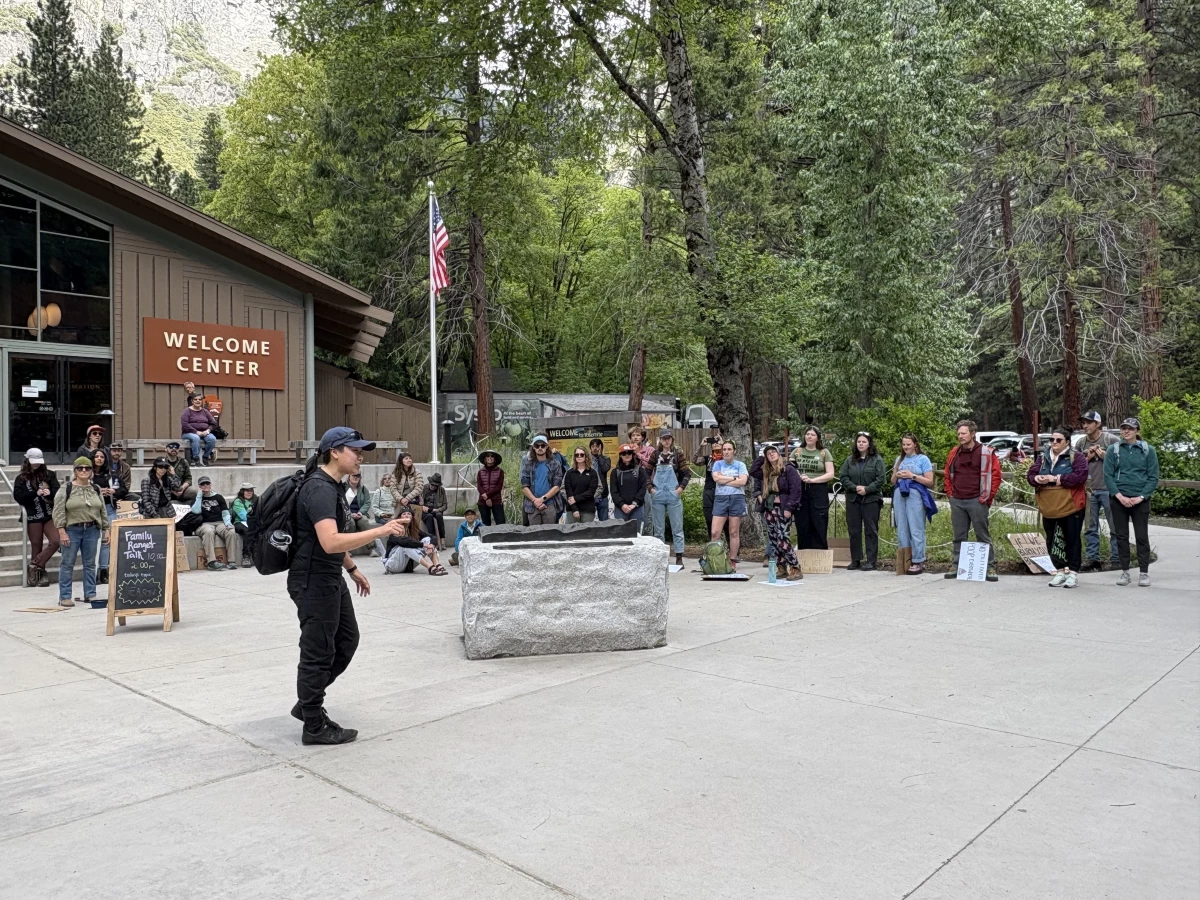 At the Yosemite Village, park employees and locals protest the federal government's actions to reduce staffing.