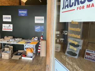 Campaign flyers and signs lay stored at the Maine Democratic Coordinated Campaign Office in Presque Isle, Maine.