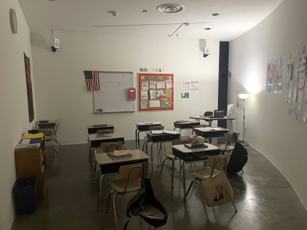The Classroom is an installation by artists Alexander Weiss, Mia Melton and Lois Proeller that immerses visitors in the experience of students when a school lockdown announcement comes over the loudspeaker. The installation is part of The Teen Experience at the American University Museum in Washington, D.C., until August 10.