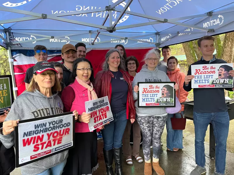 Indiana state senate hopeful Paula Copenhaver stands with supporters at a Turning Point USA event April 18. Copenhaver is challenging incumbent state Sen. Spencer Deery and has President Trump's endorsement.