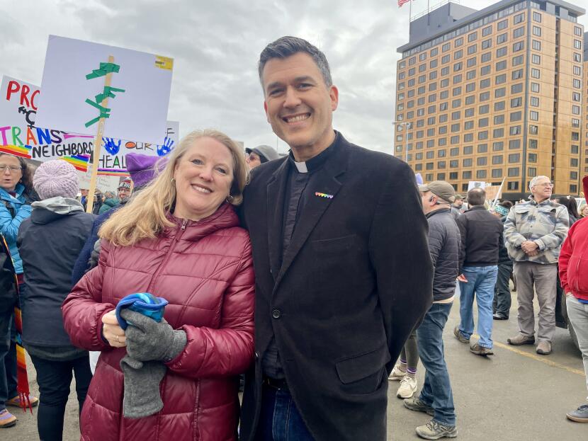 The Revs. Elizabeth and Matthew Schultz at an April 5, 2025 protest in Anchorage against President Trump's budget cuts.