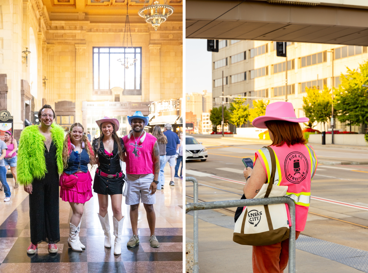 Left: Zach Pixler (from left), Maggie Croft, Krystian Smith and Shriji Patel pose for a photo inside Kansas City's Union Station before Friday's concert. Right: A woman wears a pink cowboy hat waits at the streetcar stop at Union Station.