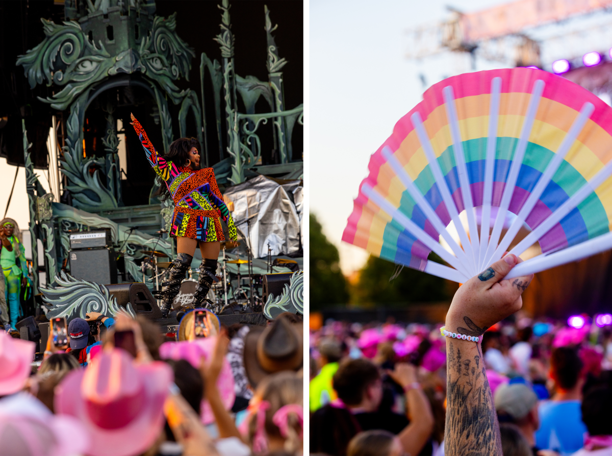 Left: Drag performer Karmella Uchawi opens for Chappell Roan. Right: Someone in the crowd waves a rainbow fan in the air during the performance.
