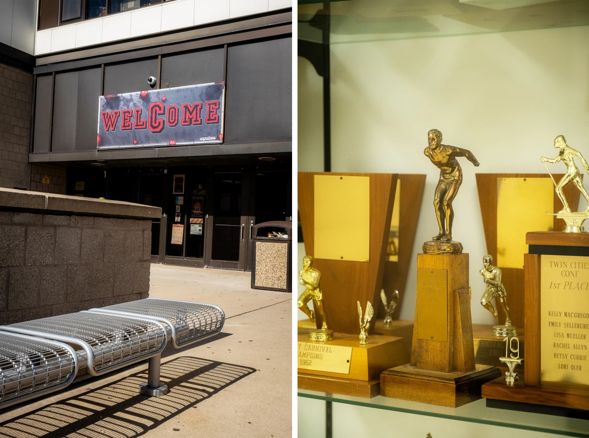 The entrance to Central Senior High School and trophies in the trophy case in the lobby.